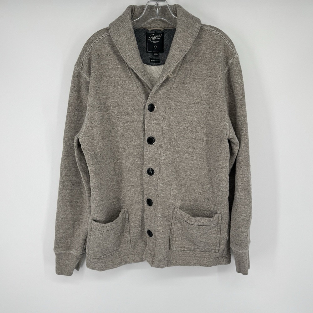 Grayers Mens Large Beige Shawl Collar Cotton Cardigan Sweater Button Elbow Patch
